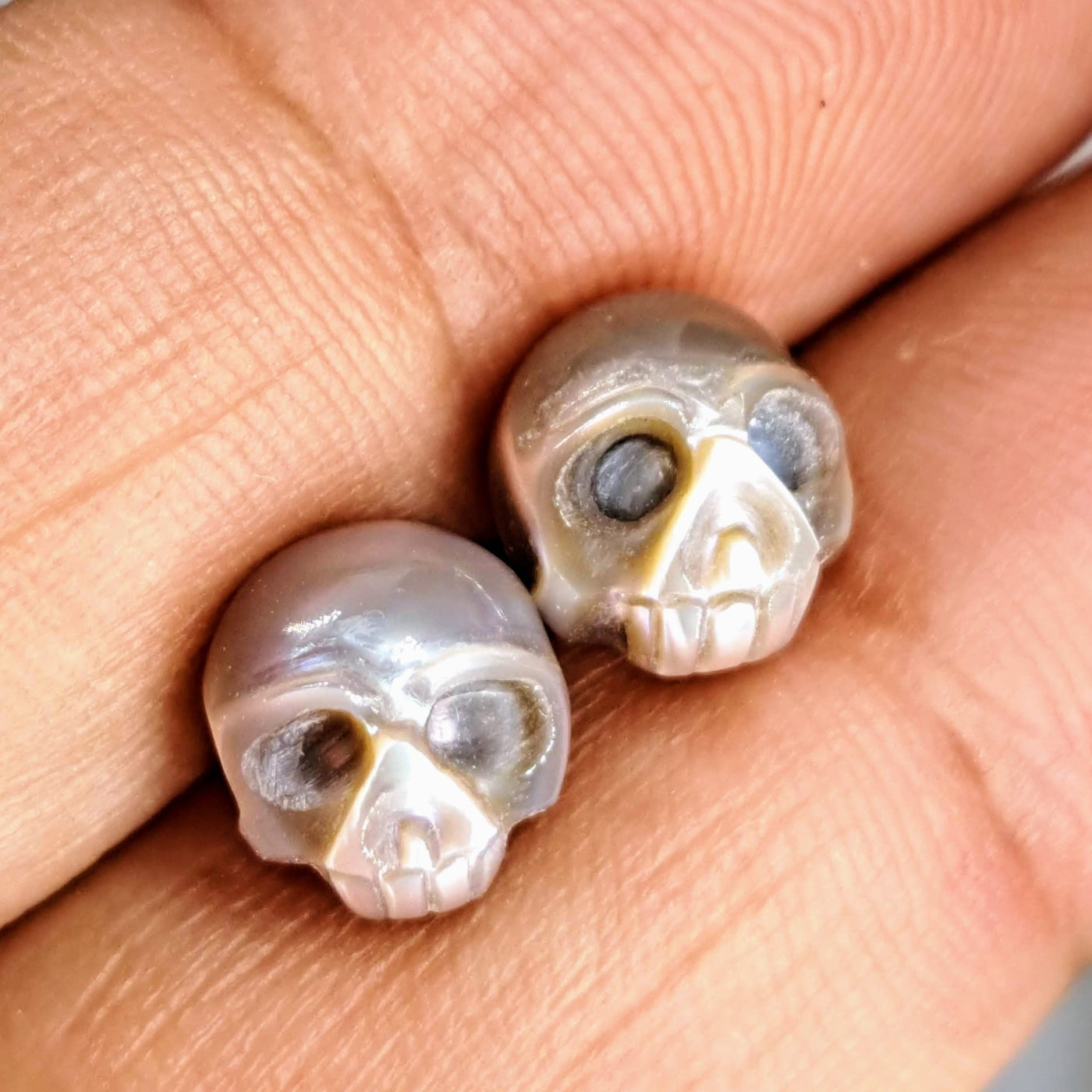 "Sugar Skull" .5" Stud Earrings - 10.5mm Hand-carved Pearls, Sterling