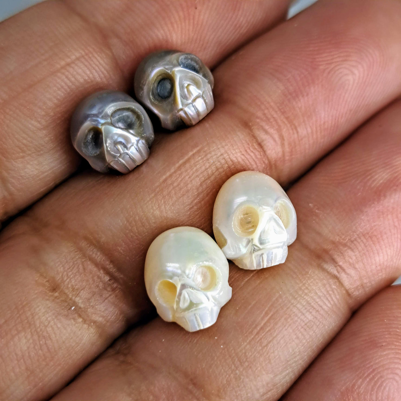 "Sugar Skull" .5" Stud Earrings - Hand-carved Pearls, Sterling