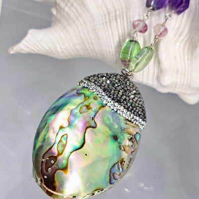 "So Shell It Be" 28" Necklace - Paua Shell, Amethyst, Flourite, Crystal Pave', Sterling