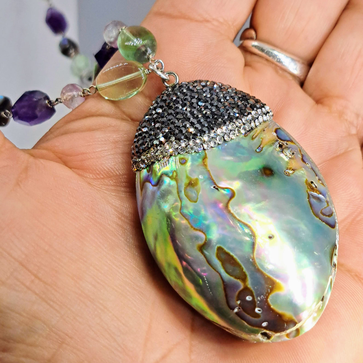 "So Shell It Be" 28" Necklace - Paua Shell, Amethyst, Flourite, Crystal Pave', Sterling