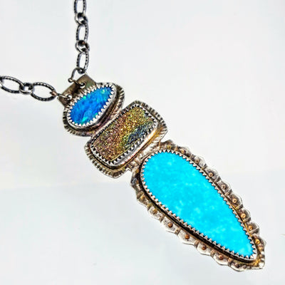 "Earth Magic" Adj. Up to 22" Necklace - Blue Opal, Titanium Druzy, Gem Silica Turquoise, Patinaed Sterling