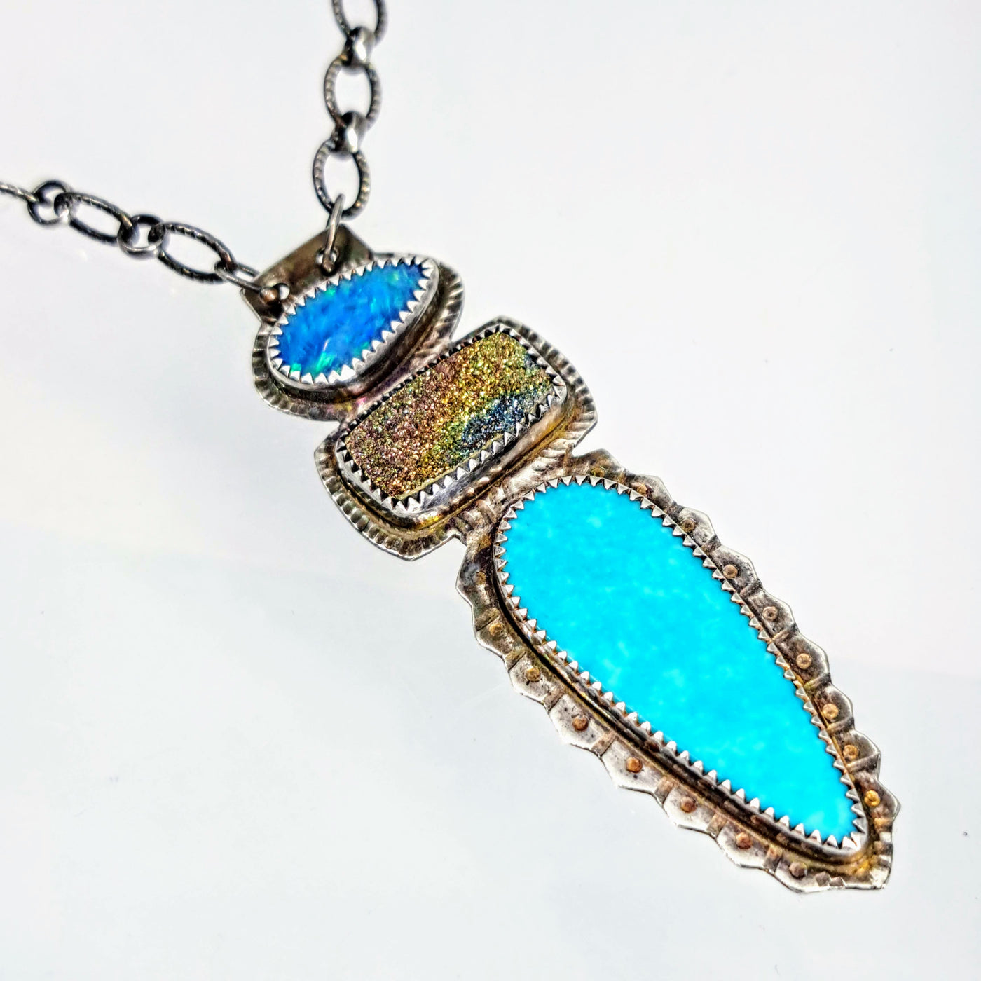 "Earth Magic" Adj. Up to 22" Necklace - Blue Opal, Titanium Druzy, Gem Silica Turquoise, Patinaed Sterling