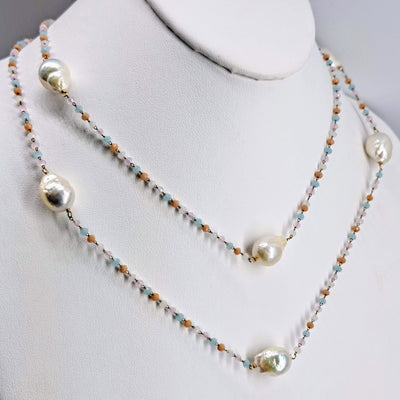 "Candy Clouds" 38" Necklace - Peruvian Opal, Baroque Pearls, 18K Gold Sterling