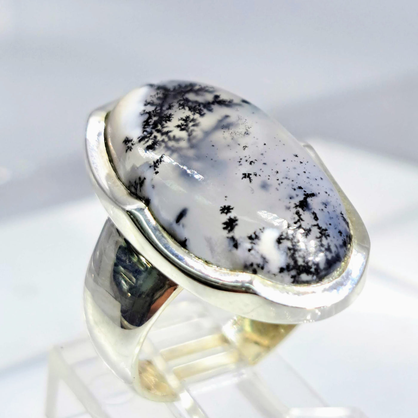 "Black & White #7" Sz 6 Ring Dendritic Opal, Sterling