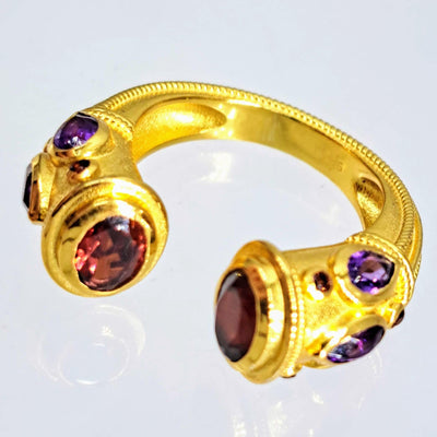 "Etruscan Dream" Sz 7-8 Ring - Amethyst, Garnet, 18K Gold Sterling