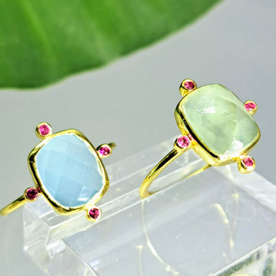 "Pop Of Color" Rings - Choose Blue or Green Chalcedony, or Onyx with Tourmaline, 18K Gold Sterling