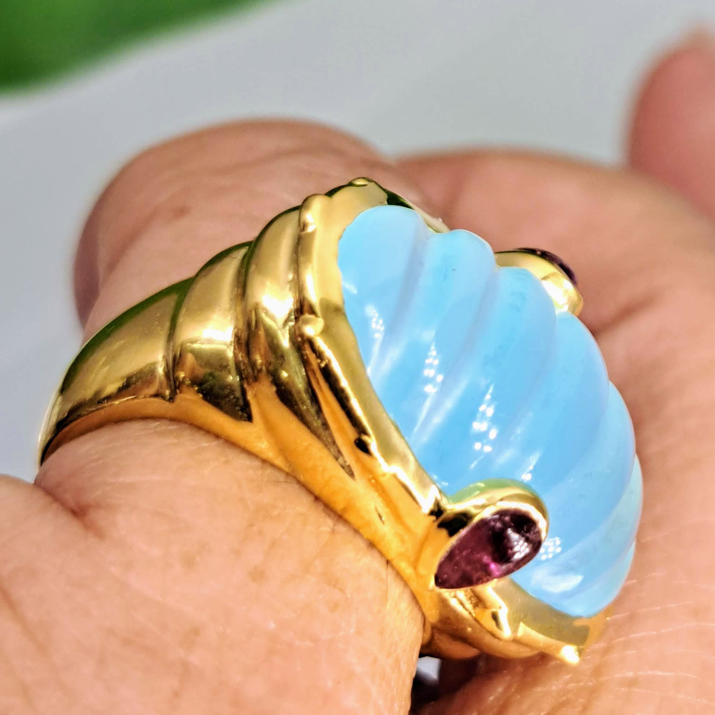 "Shell of Venus" Ring - Chalcedony, Tourmaline, 18K Gold Sterling