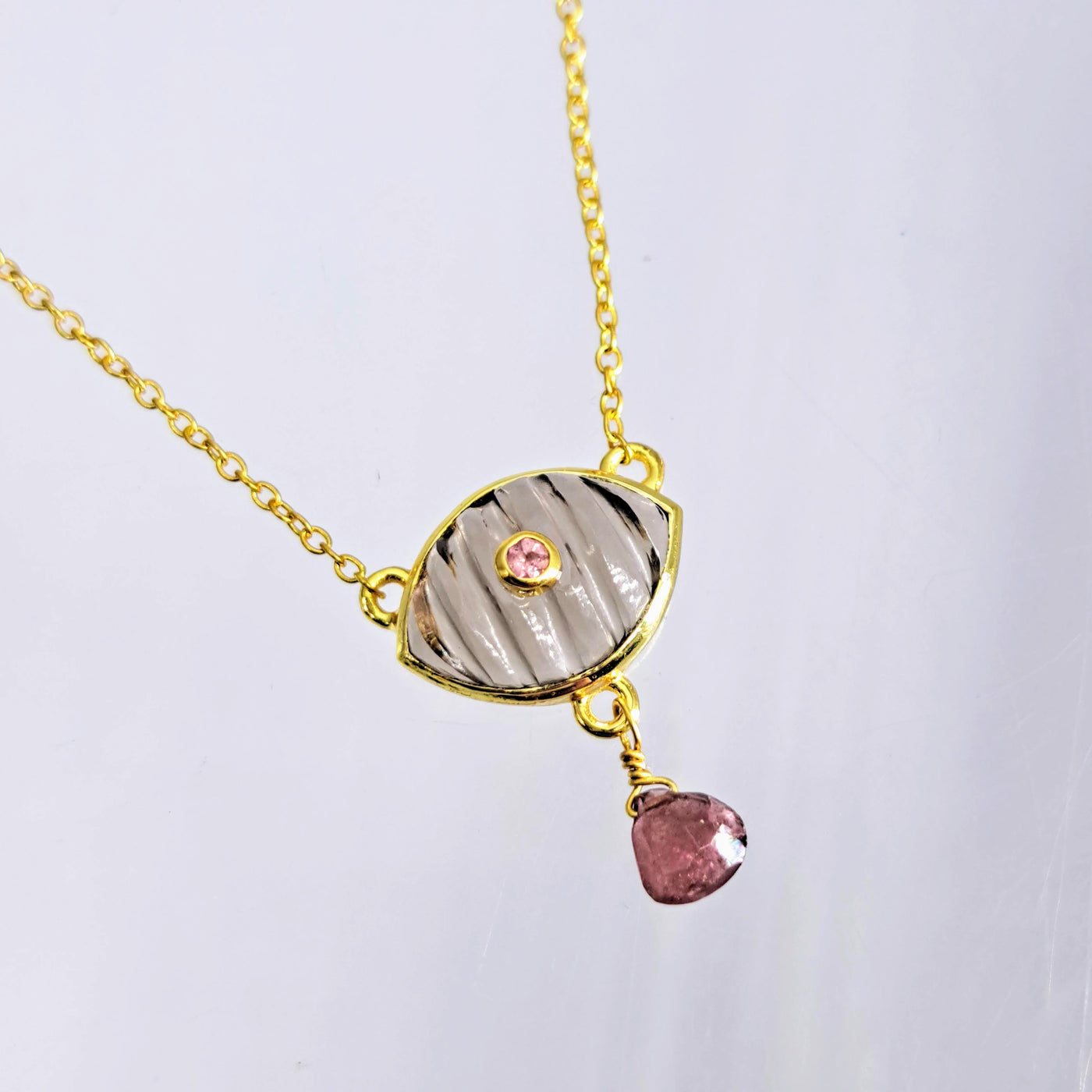 "Shell of Venus" 16-18" Necklace- Choose Chalcedony Or Smoky Quartz, with Tourmaline, 18K Gold Sterling