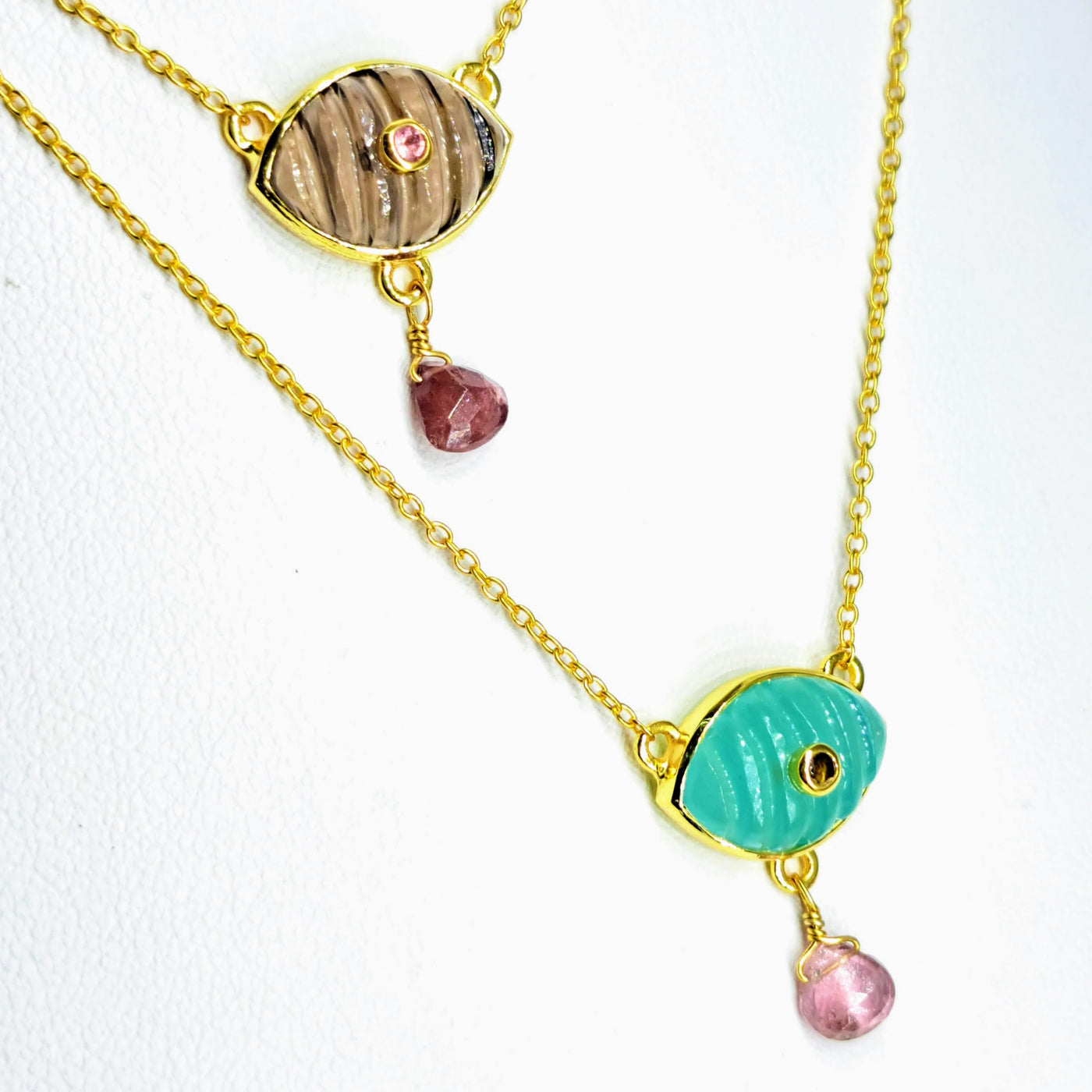 "Shell of Venus" 16-18" Necklace- Choose Chalcedony Or Smoky Quartz, with Tourmaline, 18K Gold Sterling