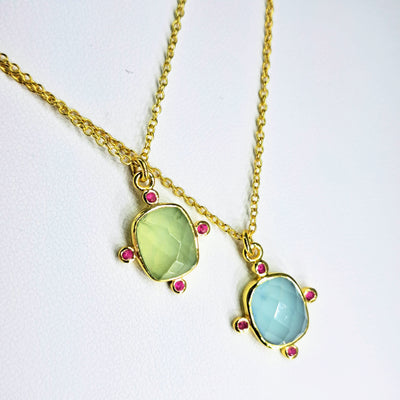"Pop Of Color" 16-18" Necklace- Choose Seafoam or Blue Chalcedony, with Tourmaline, 18K Gold Sterling