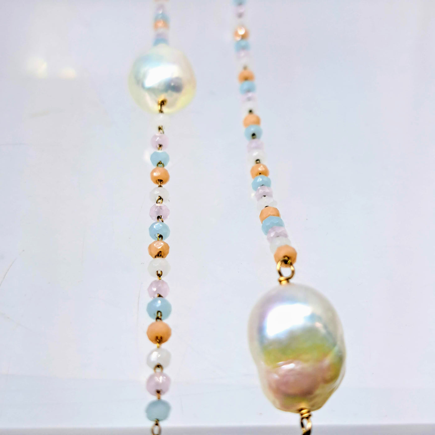 "Candy Clouds" 38" Necklace - Peruvian Opal, Baroque Pearls, 18K Gold Sterling
