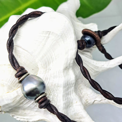 "Unisexy Twist" 18" Necklace - Tahitian Pearls, Leather, Sterling Accents