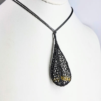 "Cocoon" 30" Pendant Necklace - Crocheted Black Sterling, Gold Accents
