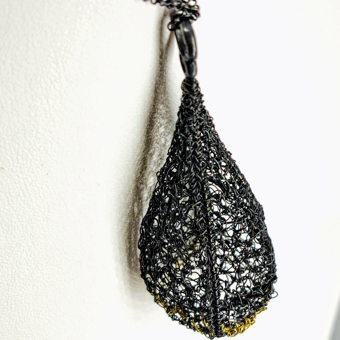 "Cocoon" 30" Pendant Necklace - Crocheted Black Sterling, Gold Accents