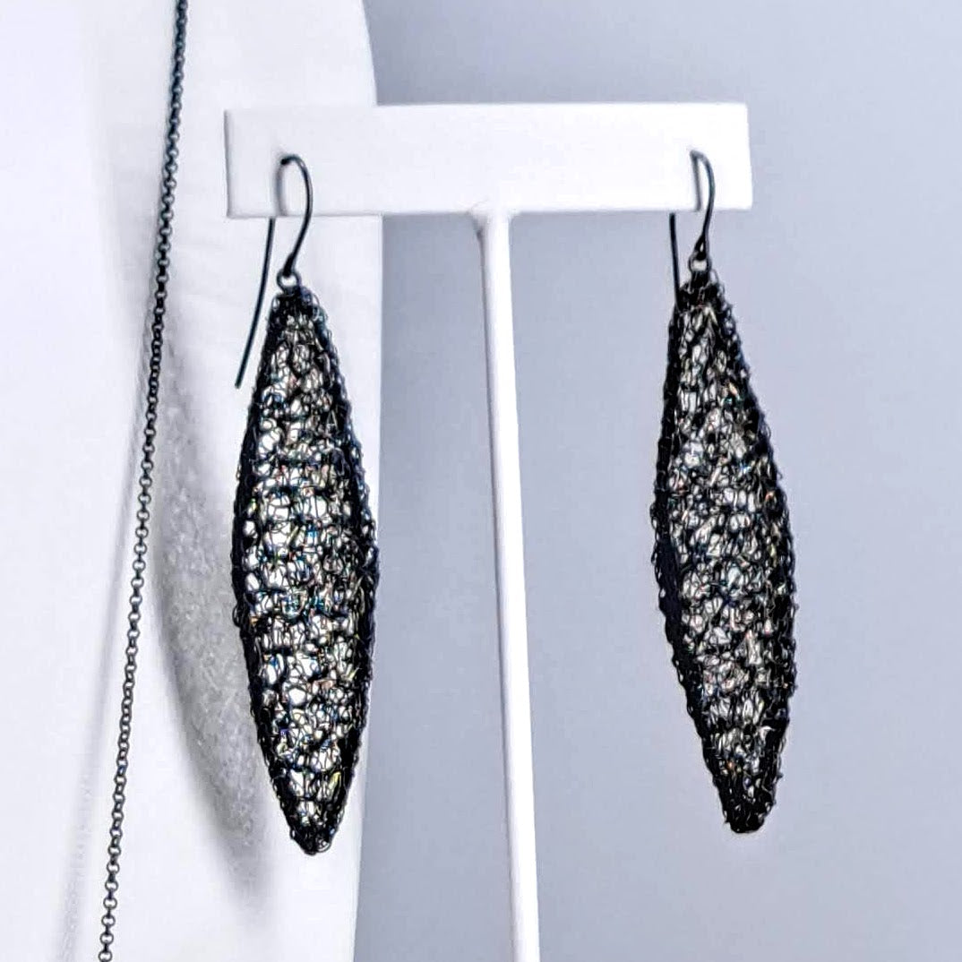 "Cocoon Spindles" 3.5" Earrings - Crocheted Black Sterling, Gold Accents