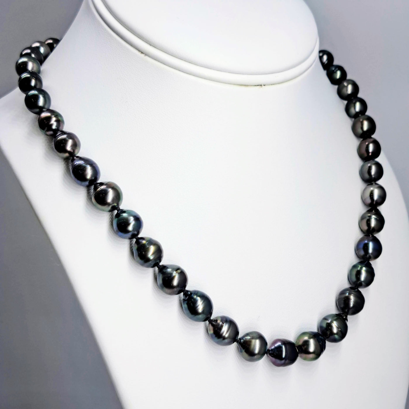 "If It's Not Baroque..." 18" Necklace - Black Tahitian Pearls, Silk, 14K Gold Clasp
