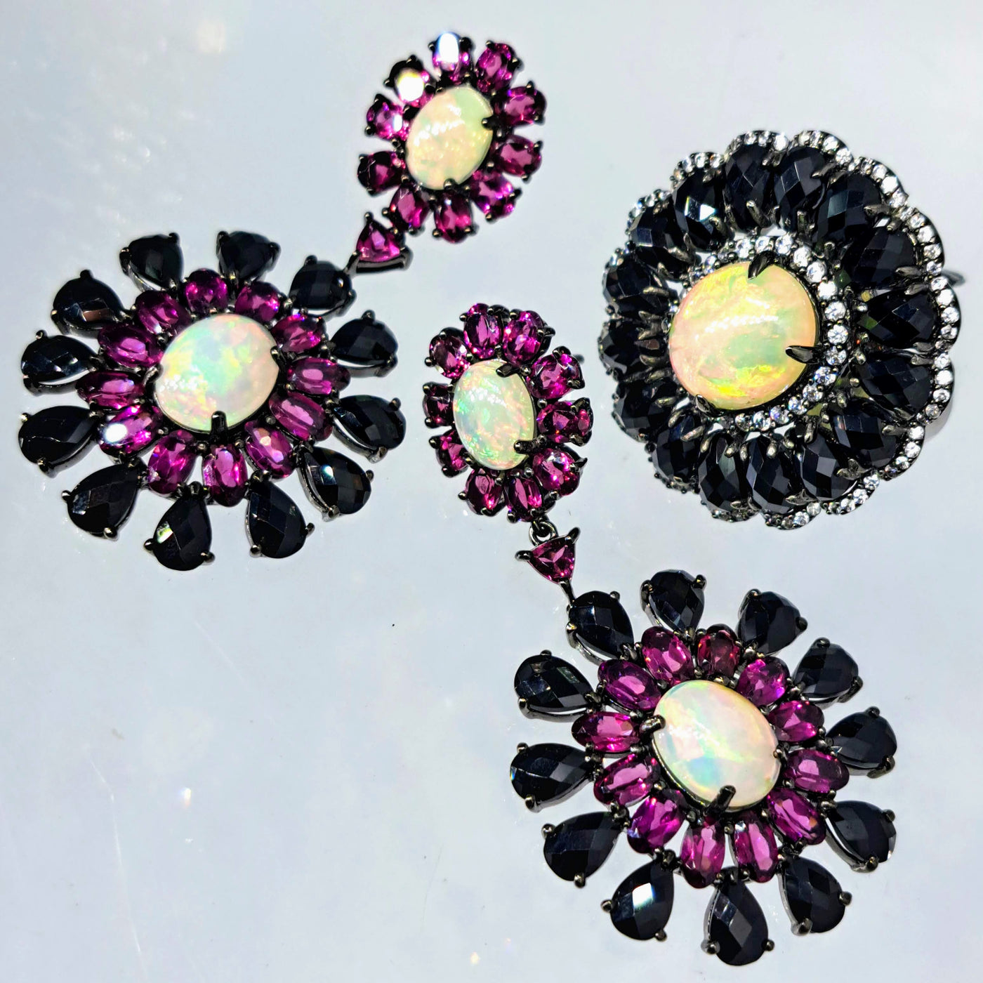 "Night Blooms" 2.25" Earrings - White Opal, Black Spinel, Rhodolite Garnet, Black Sterling