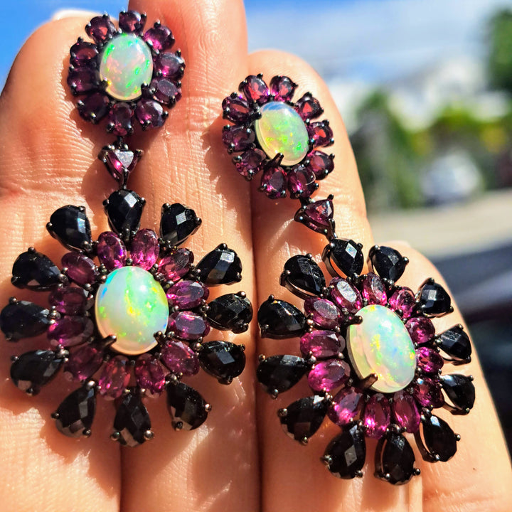"Night Blooms" 2.25" Earrings - White Opal, Black Spinel, Rhodolite Garnet, Black Sterling