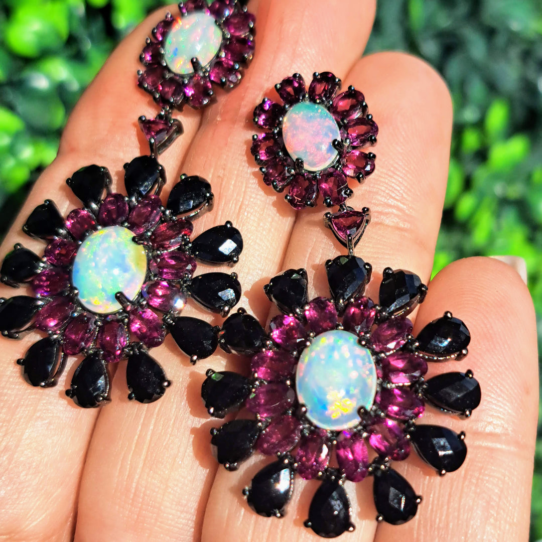 "Night Blooms" 2.25" Earrings - White Opal, Black Spinel, Rhodolite Garnet, Black Sterling