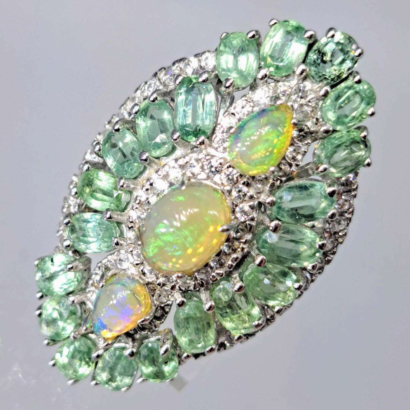 "Minty Fresh" Sz 6 Ring - White Opal, Green Kyanite, White Zircon, Anti-tarnish Sterling