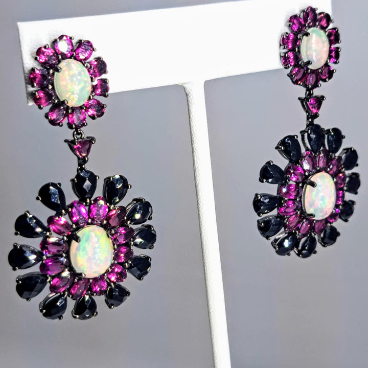 "Night Blooms" 2.25" Earrings - White Opal, Black Spinel, Rhodolite Garnet, Black Sterling