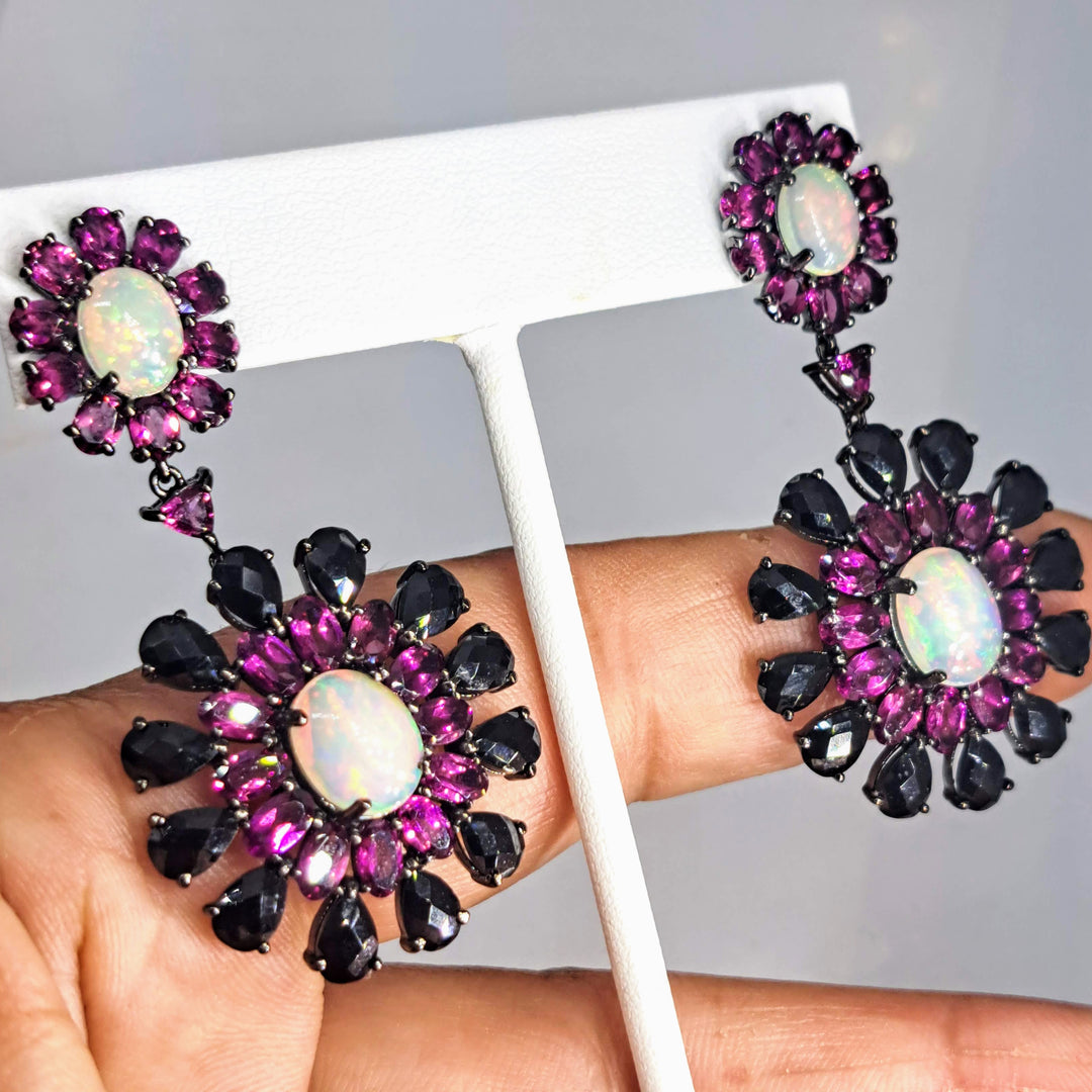 "Night Blooms" 2.25" Earrings - White Opal, Black Spinel, Rhodolite Garnet, Black Sterling