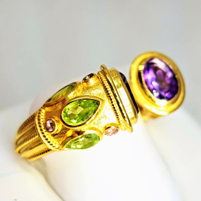 "Another Etruscan Dream" Sz 7-8 Ring - Amethyst, Peridot, 18K Gold Sterling
