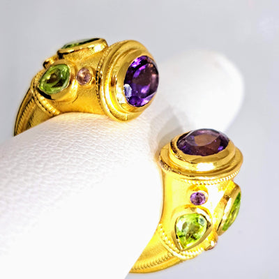 "Another Etruscan Dream" Sz 7-8 Ring - Amethyst, Peridot, 18K Gold Sterling