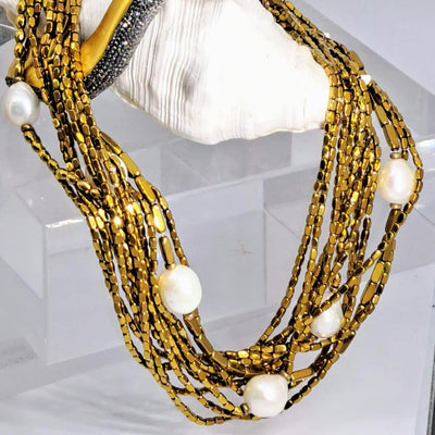"Solid Gold Dancer!" 18-20" Necklace- Baroque Pearl, Gold Hematite, Gold Sterling Clasp