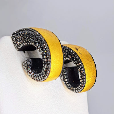 "Sparkle & Shine" 1.25" Earrings - Ebony, 24K Gold Leaf, Swarovski Pave', Sterling Posts