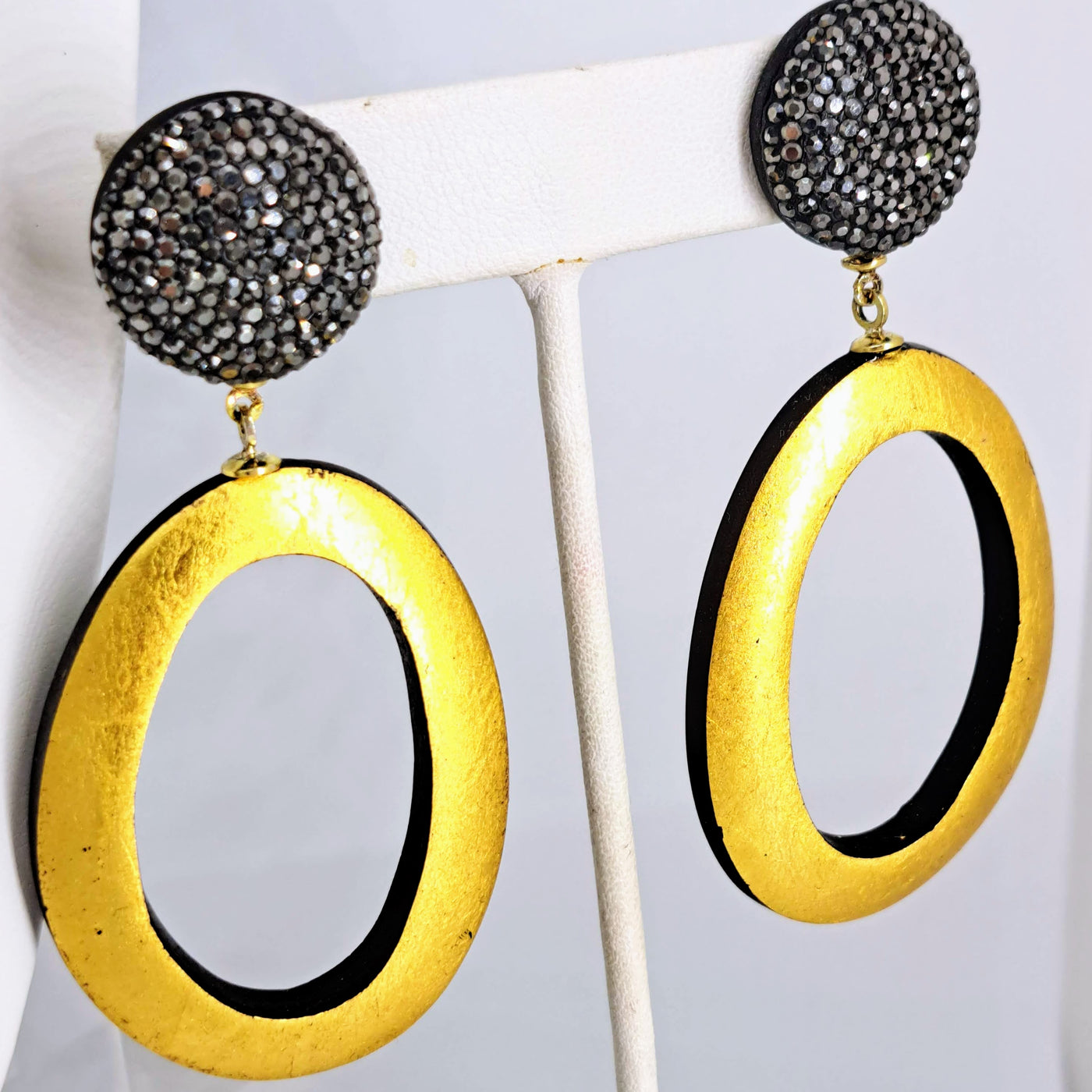 "Sparkle & Shine - Hoop Dangles" 3" Earrings - Ebony, 24K Gold Leaf, Swarovski Pave', Sterling Posts