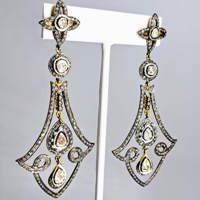 "Victorian Sparklettes" 3.5" Earrings - Rose & Single Cut Diamonds, Sterling, 18k Gold