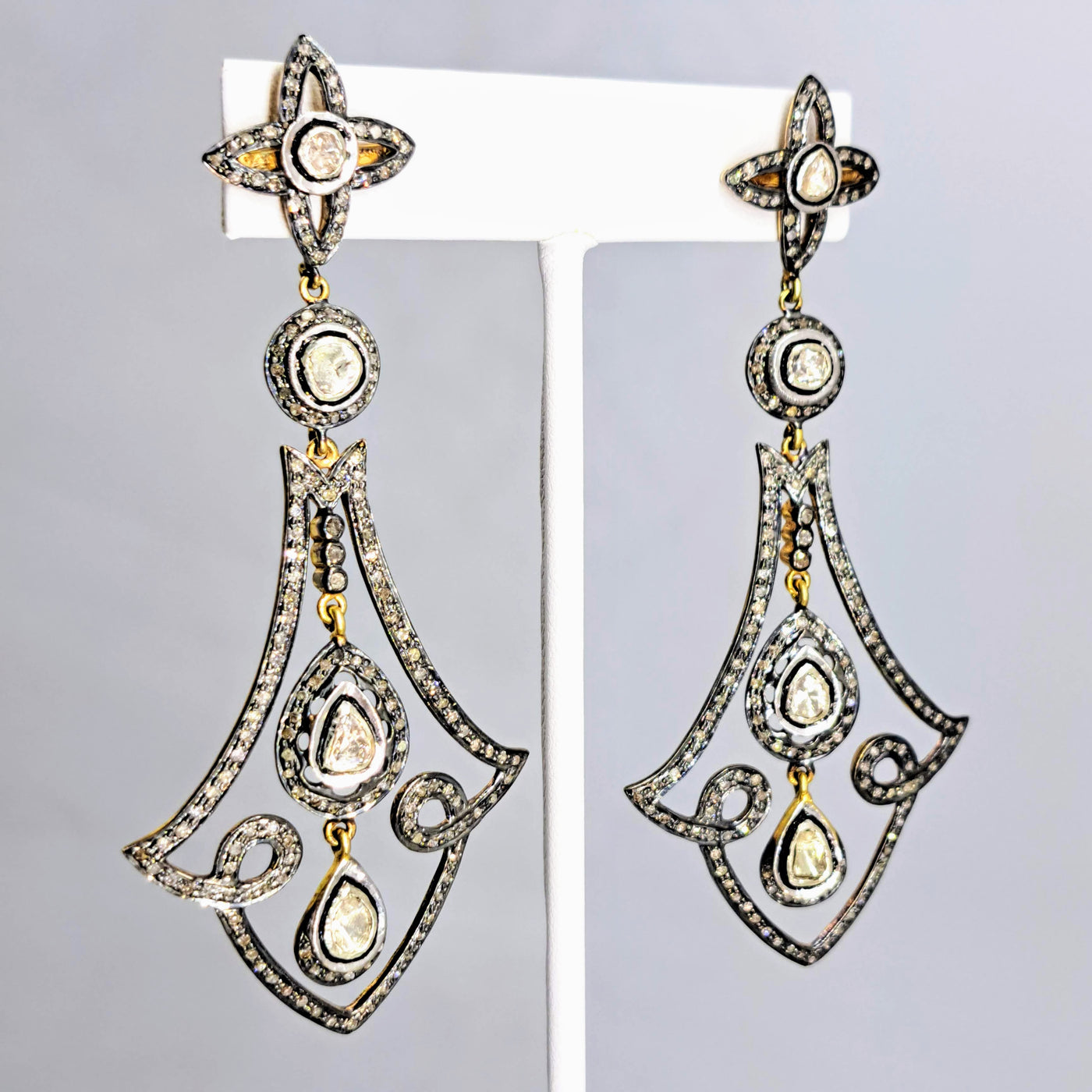 "Victorian Sparklettes" 3.5" Earrings - Rose & Single Cut Diamonds, Sterling, 18k Gold