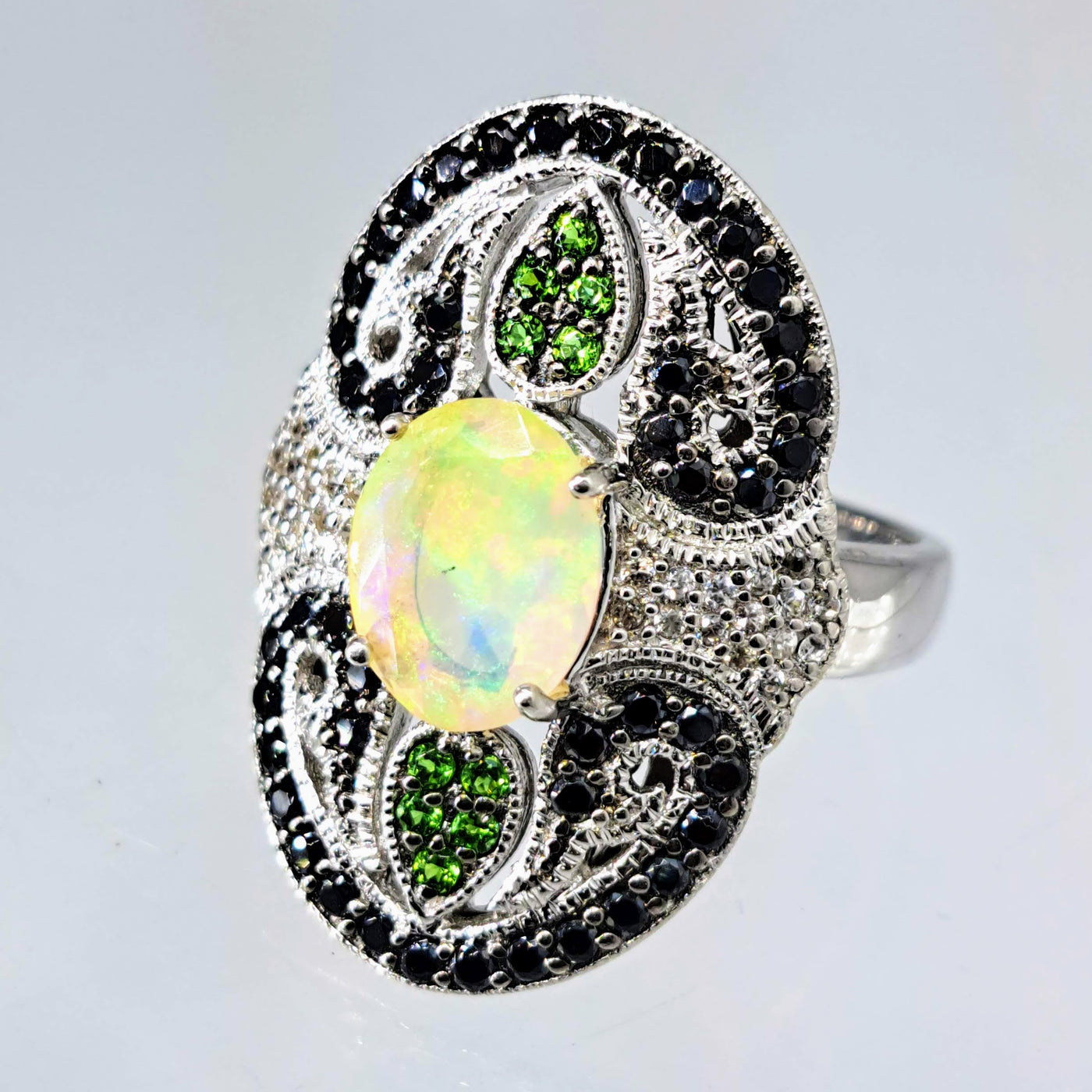 "Aunt Opal's Art Deco Revival" Sz 8 Ring - Opal, Sapphire, Chrome Diopside, Anti-tarnish Sterling