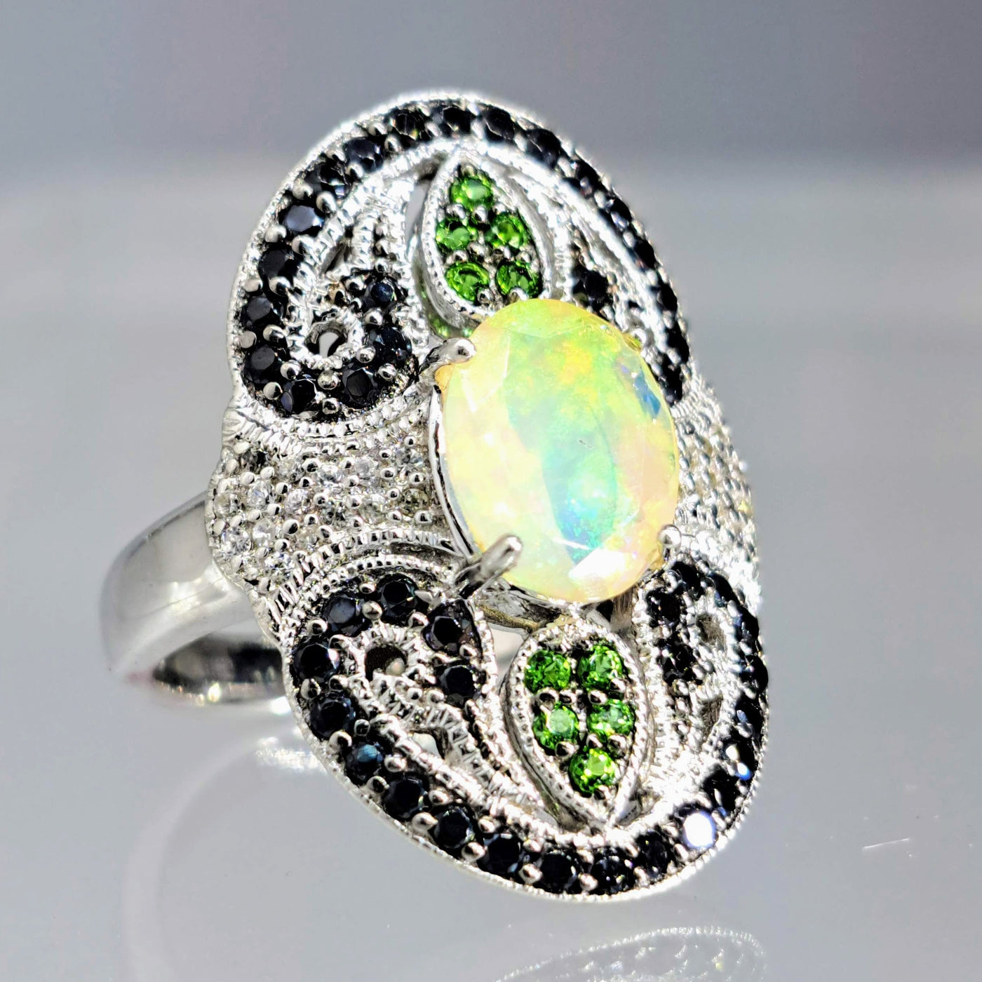 "Aunt Opal's Art Deco Revival" Sz 8 Ring - Opal, Sapphire, Chrome Diopside, Anti-tarnish Sterling
