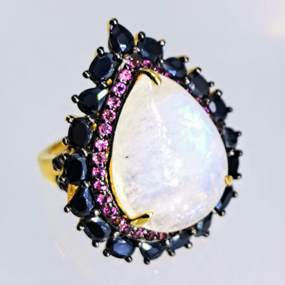 "White Queen" Sz 7 Ring - Moonstone, Rhodolite Garnet, Black Sapphire, 18k Gold Sterling