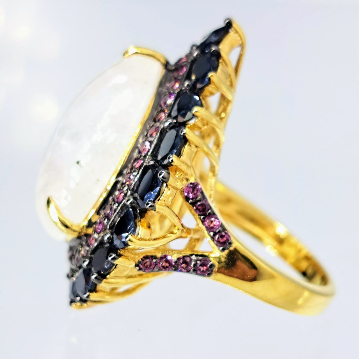 "White Queen" Sz 7 Ring - Moonstone, Rhodolite Garnet, Black Sapphire, 18k Gold Sterling