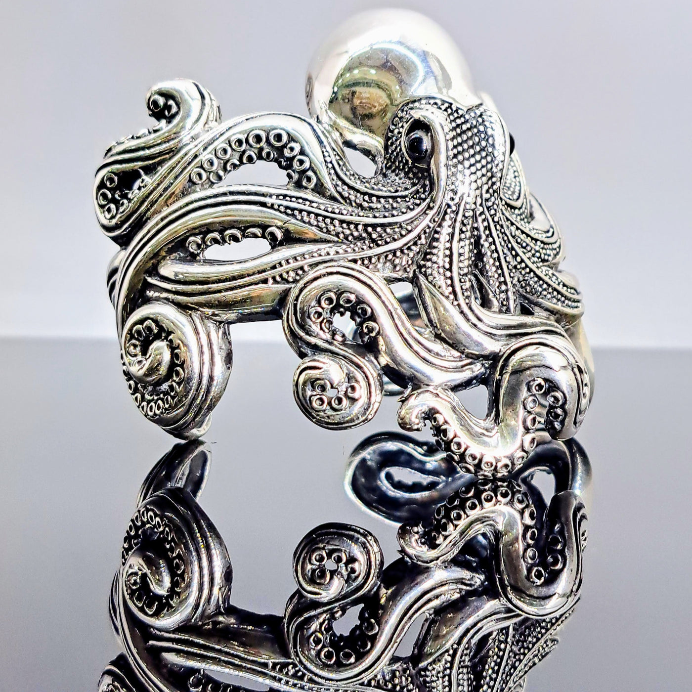 "The Kraken" Sz Med to Lg Bracelet - Sterling Silver, Onyx Eyes