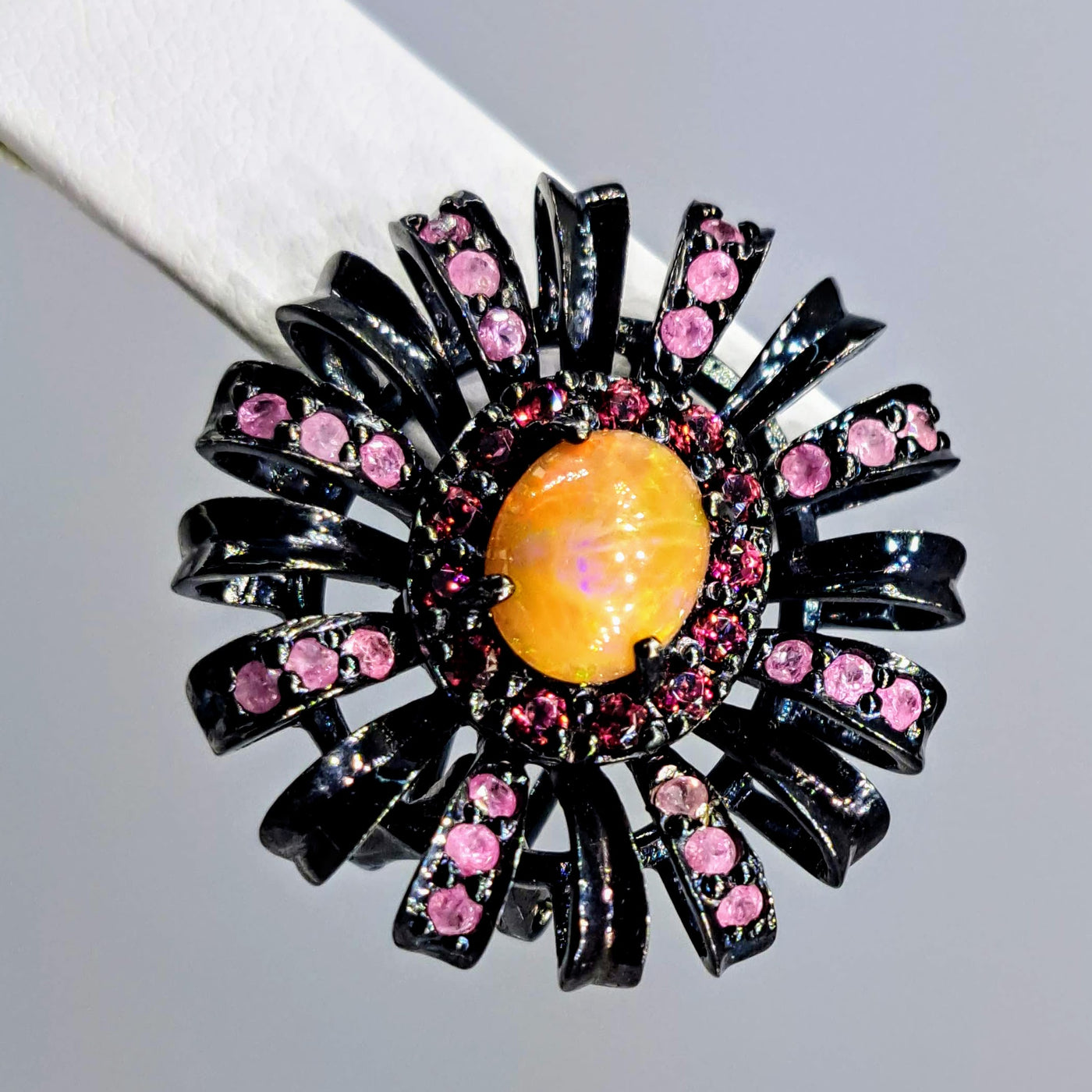 "Black Dahlia" 1.25" Earrings - Opal, Rhodolite Garnet, Ruby, Black Sterling