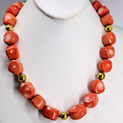 "Lady Danger" 20"-22" Necklace - Red Coral, Gold Sterling, Brass Balls