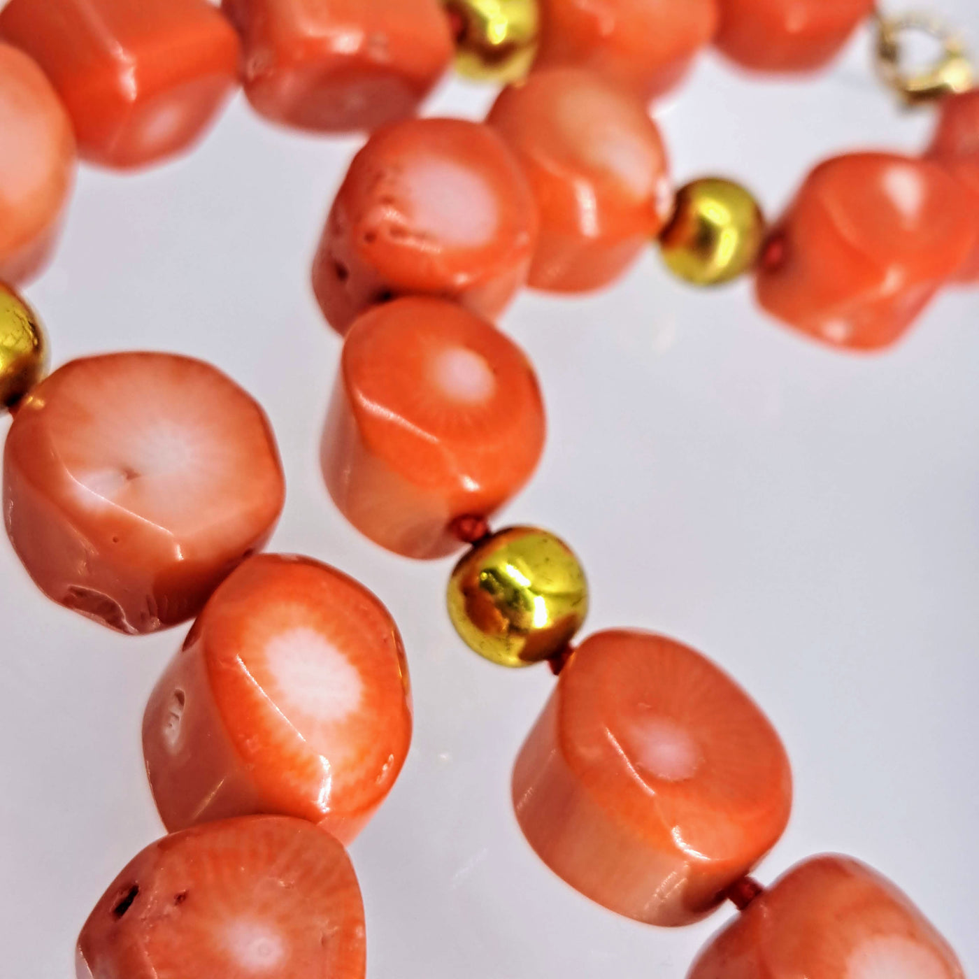 "Lady Danger" 20"-22" Necklace - Red Coral, Gold Sterling, Brass Balls