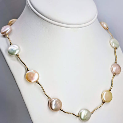 "Cotton Candy Clouds" Necklace - White Blush Champagne Coin Pearl 14K Gold Station
