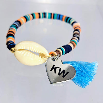 "I Heart KW" Bracelet - Cowrie Shell, Recycled Disks, Stainless Charm
