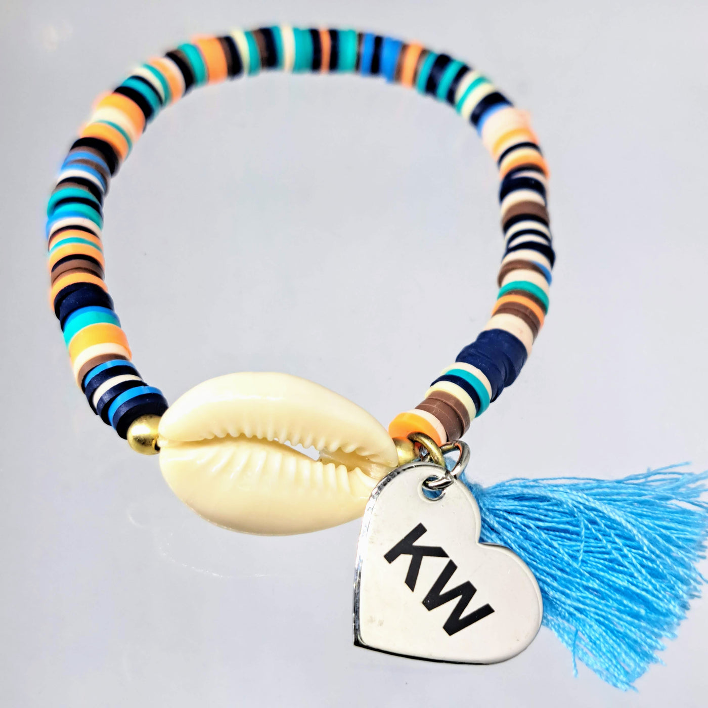 "I Heart KW" Bracelet - Cowrie Shell, Recycled Disks, Stainless Charm