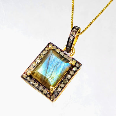 "Flash Of Color" 1" Pendant Necklace - Labradorite, Diamonds, Oxidized & 18k Gold Sterling