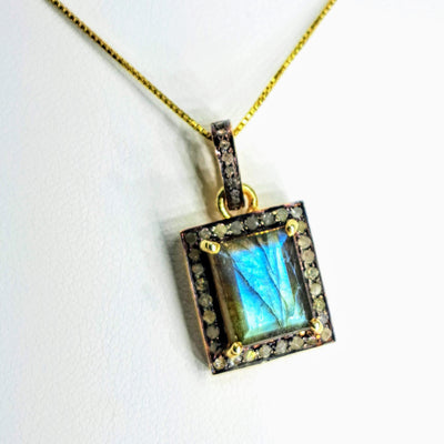 "Flash Of Color" 1" Pendant Necklace - Labradorite, Diamonds, Oxidized & 18k Gold Sterling