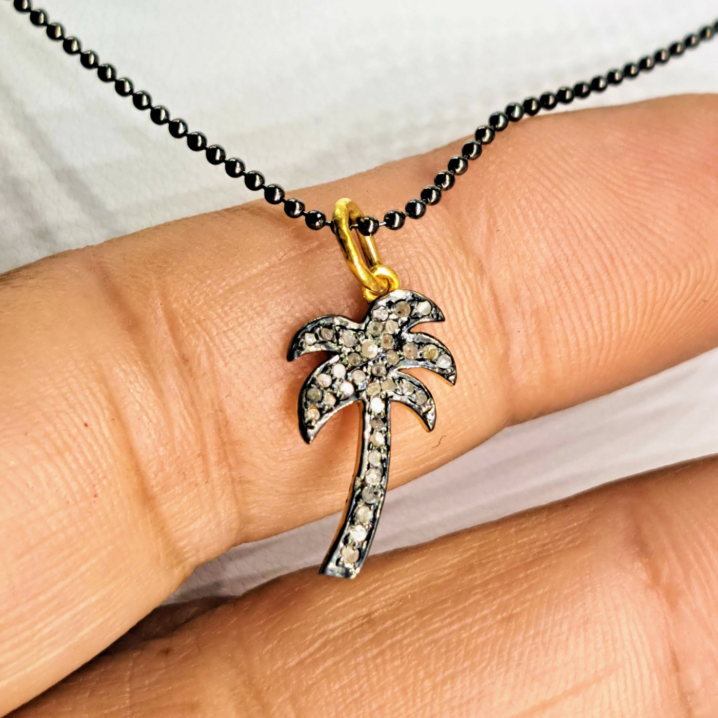 "Palm Tree" .75" Pendant Necklace - Diamonds, Oxidized & 18k Gold Sterling
