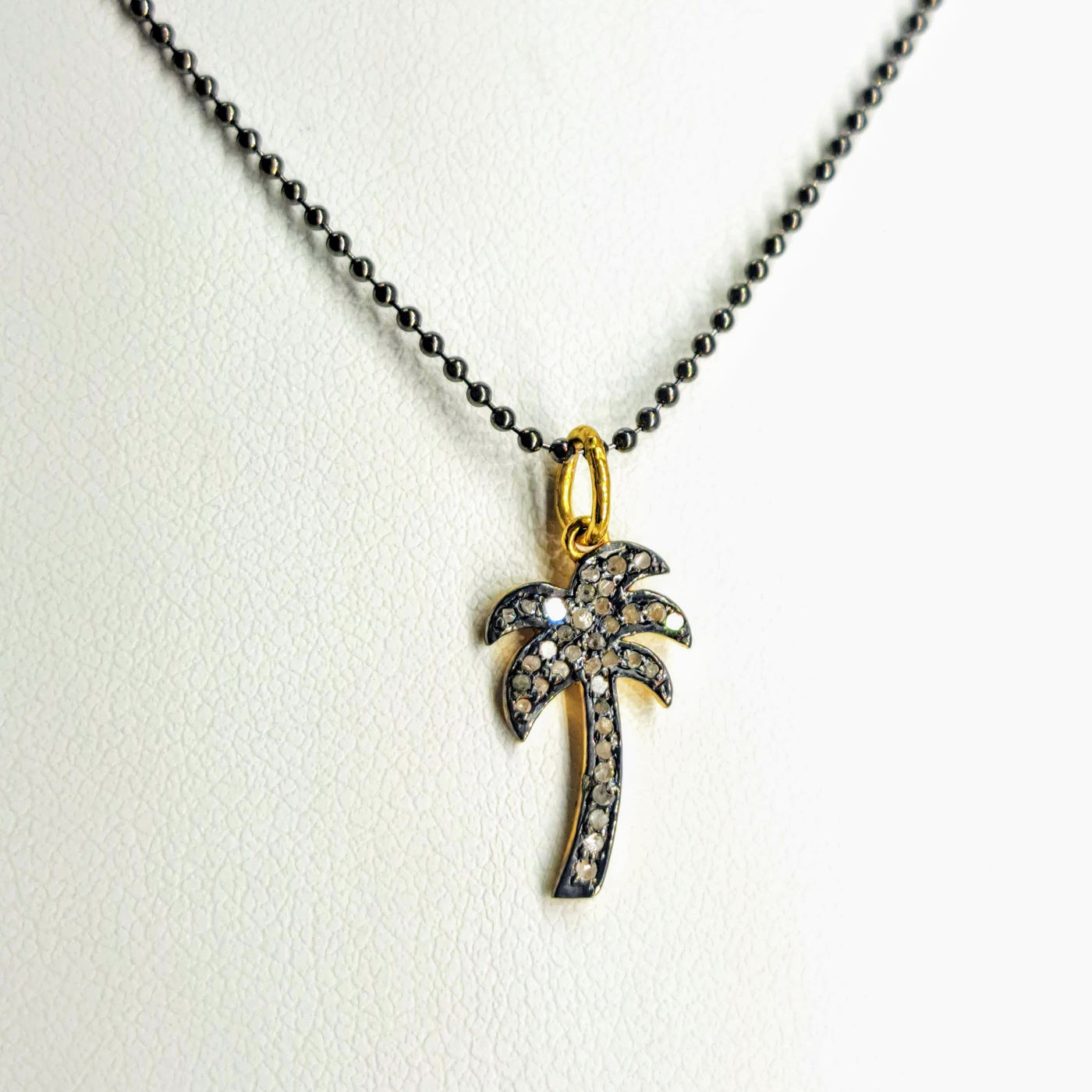 "Palm Tree" .75" Pendant Necklace - Diamonds, Oxidized & 18k Gold Sterling
