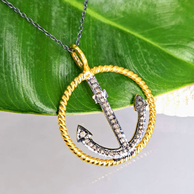 "Anchor" 1.25" Pendant Necklace - Diamonds, Oxidized & 18k Gold Sterling