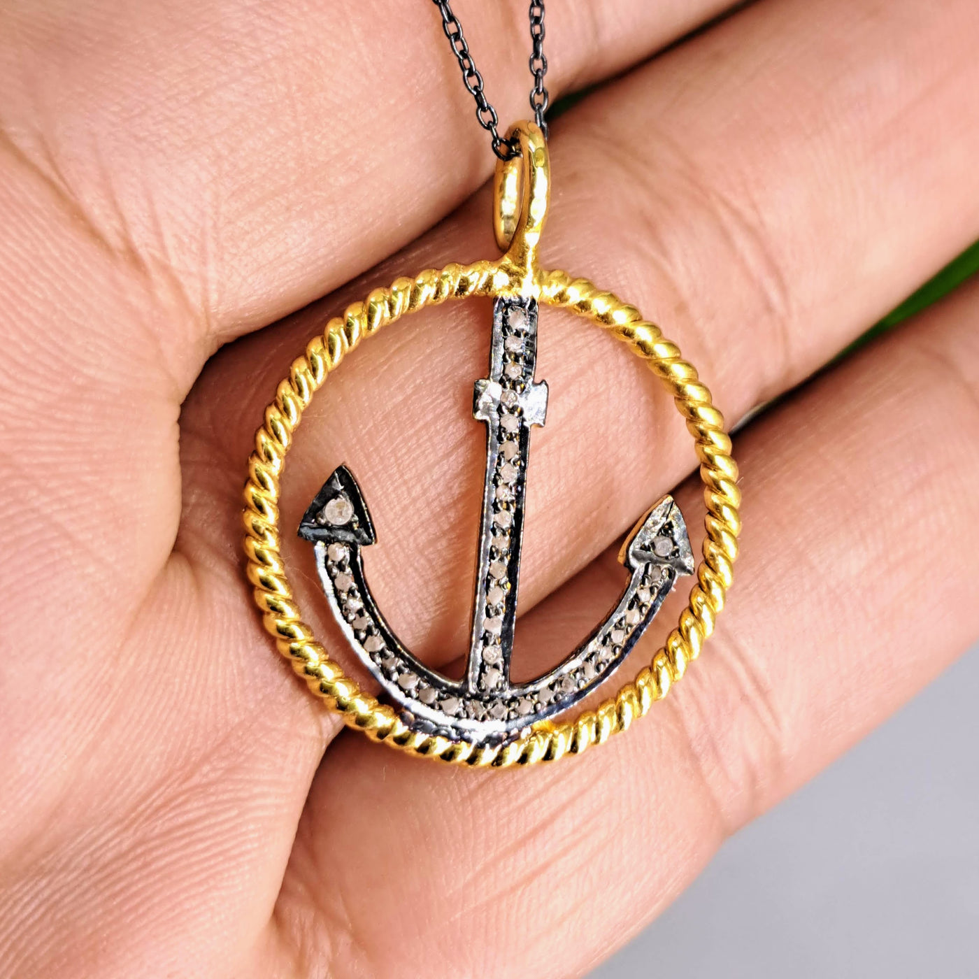 "Anchor" 1.25" Pendant Necklace - Diamonds, Oxidized & 18k Gold Sterling